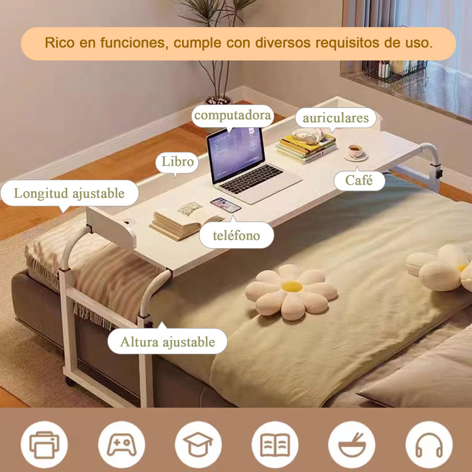 Genérico Mesa De Cama Móvil, Mesa Sobre Cama Con Ruedas, Marco De Acero Engrosado, Ajustable Hacia Arriba Y Hacia Abajo, Con Esquinas Redondeadas Para Evitar Golpes.120*45*65cm(Color: blanco)