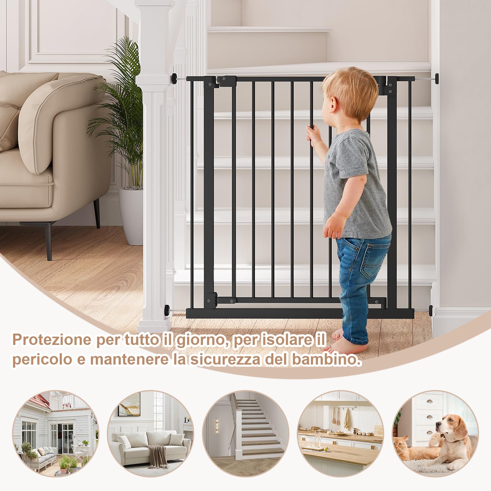 WOLTU Cancelletto per Bambini in Metallo, Cancello per Scale e Porte 75-87 cm, per Cani, Apertura Bidirezionale, Serratura Doppia, Montaggio con o senza Fori, Nero