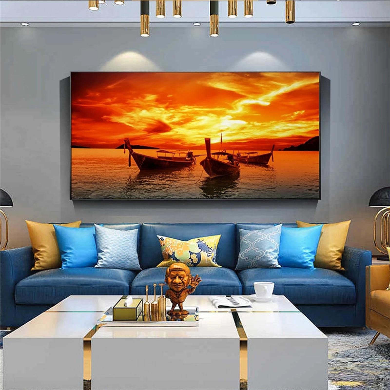 Dipinti Paesaggio Marino Ocean Boat Tramonto Nuvole Decorazioni Murali Soggiorno Hd Printed 5 Pezzi Wall Art Canvas,Senza cornice
