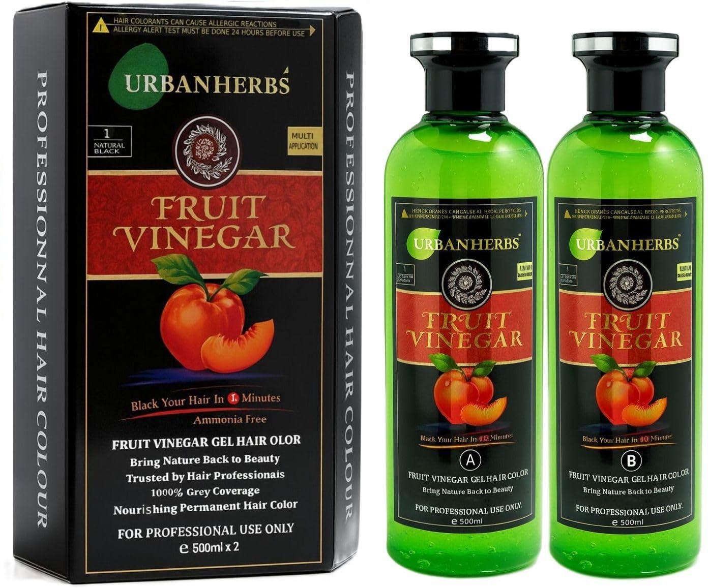 FRUIT VINEGAR Ammonia Free 10 Minutes Hair Color Colour Gel A + B 500 ML Each Black/Natural Black