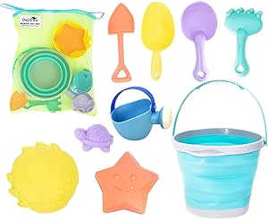 Dejaroo - Beach Toys, Sand Box Toys for Kids Outdoor, Set of Sand Toys with Silicone Collapsible Bucket, Kids Watering Can, Shovels, &amp; A Variety of Molds, Includes Storage Pouch, 9-Piece Set