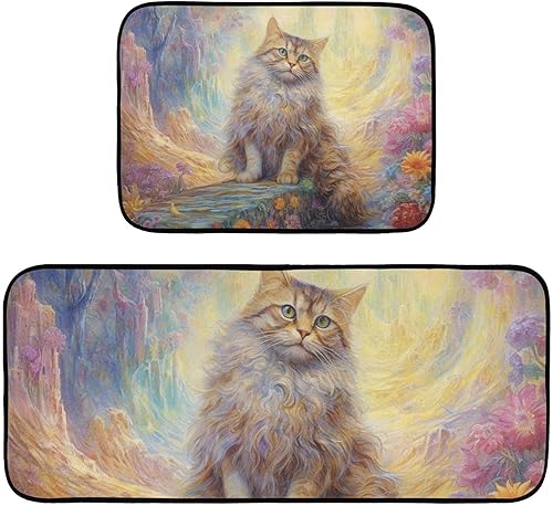 ZENWAWA Fantasy Cat on Rock Kitchen Mat 2 Pcs Set, Low Pile Kitchen Rugs Cushioned Water Absorbent Washable Floor Mats for Kitchen Sink Laundry Room