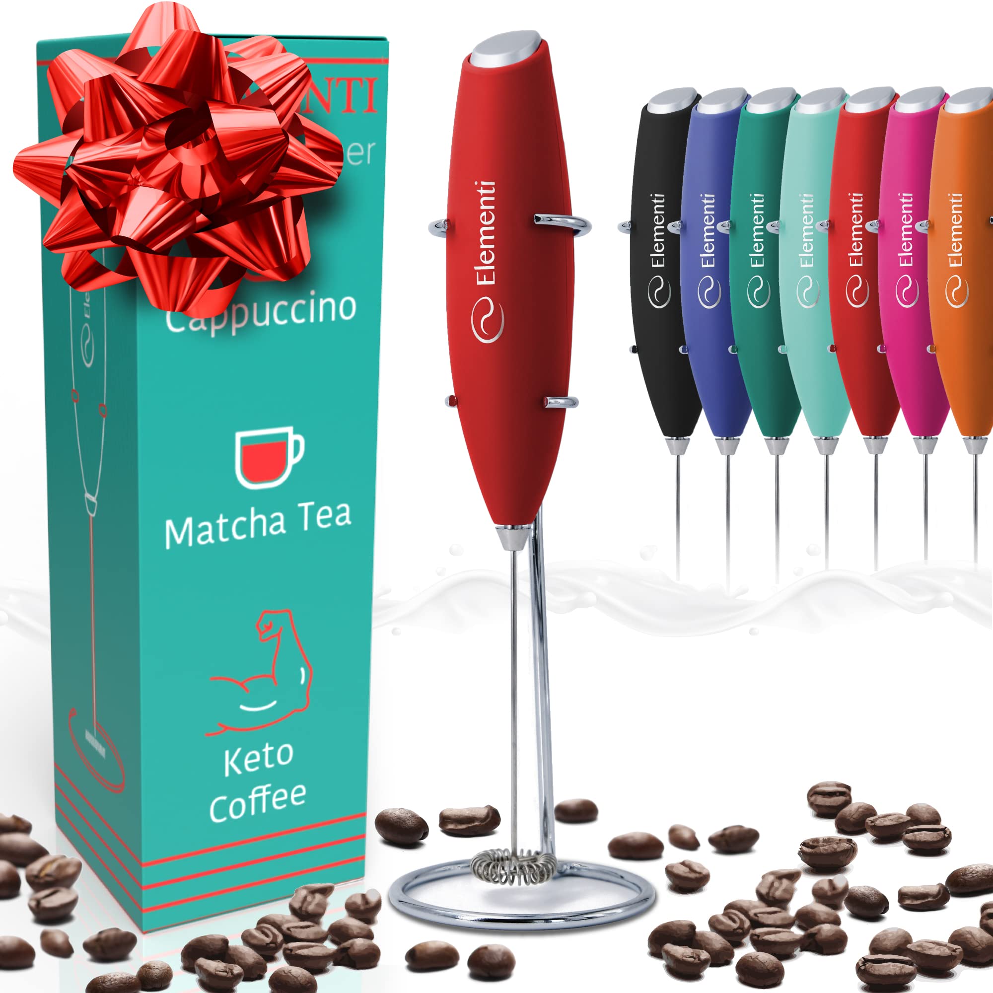 Elementi Electric Milk Frother Handheld, Matcha Whisk, Milk Foamer for Coffee Foamer Electric Handheld Drink Mixer, Electric Mini Whisk Small Hand Mixer, Frappe Maker (Red)