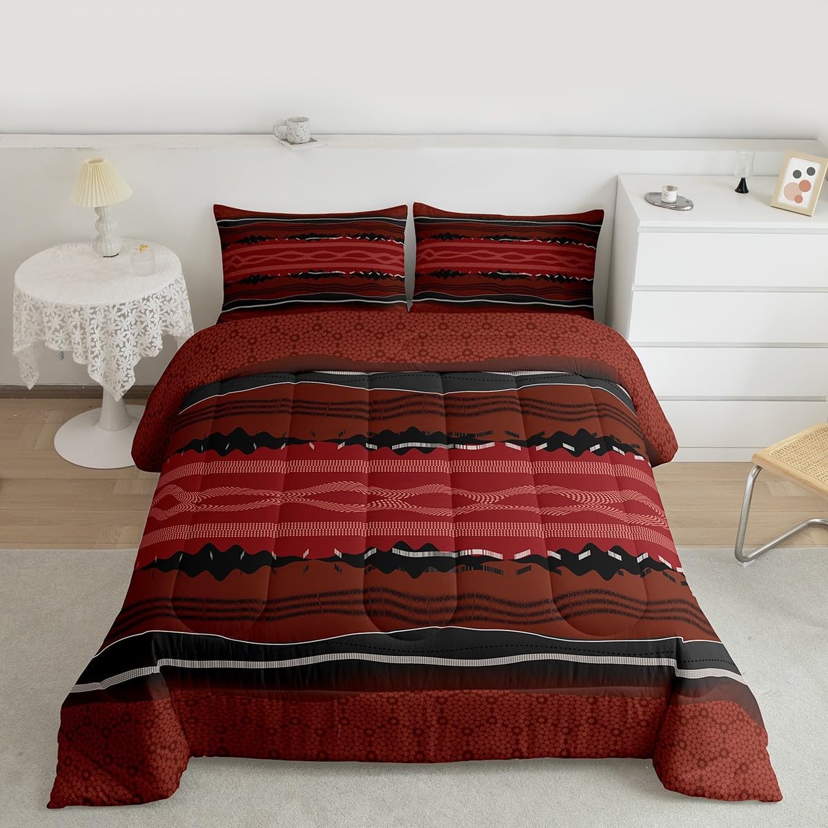 Feelyou Abstract Stripe Comforter Set Queen Size Red Abstract Stripe Bedding Set for Kids Boys Girls Geometric Duvet Quilt Bedroom Decor Microfiber 3 Pcs with 2 Pillow Cases