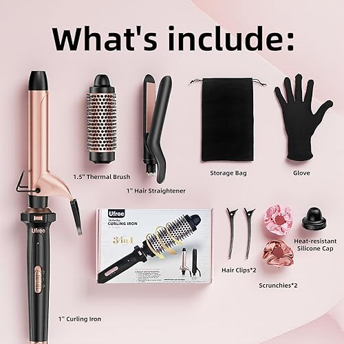 Miniatura 8 de Ufree 3 in 1 Curling Iron, Curling Wand Set with Thermal Brush Flat Iron Hair Straightener, Dual Voltage Wand Curler, Instant Heat Up Hair Curler,