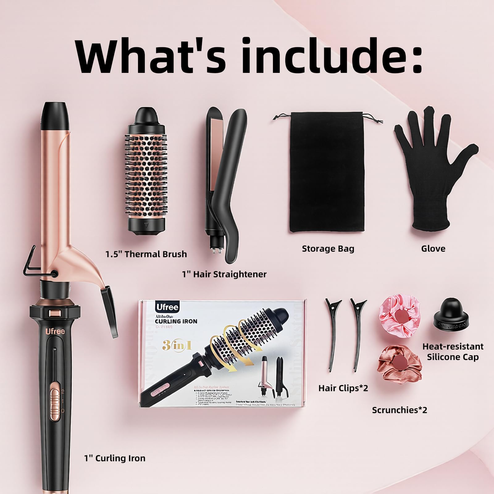 Ufree 3-in-1 Curling Iron Wand Set with Thermal Brush & Straightener