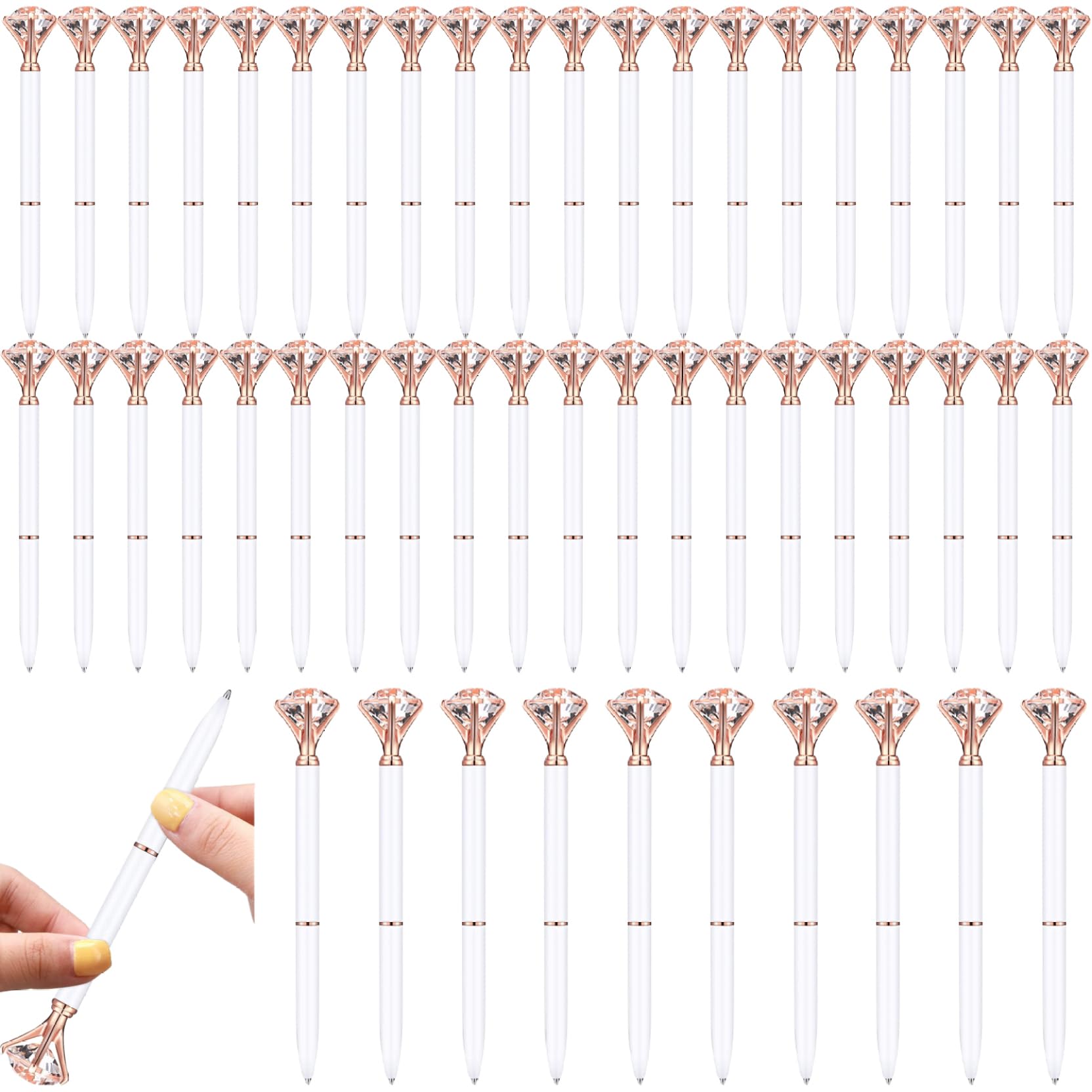 Kugelschreiber mit schwarzer Tinte, 50 Stück, Diamantstifte mit feiner Spitze, Weiß und Roségold, 5, 5 Länge, ausgefallener Stift für Frauen, abnehmbarer, leicht nachfüllbarer Kugelschreiber für Schul