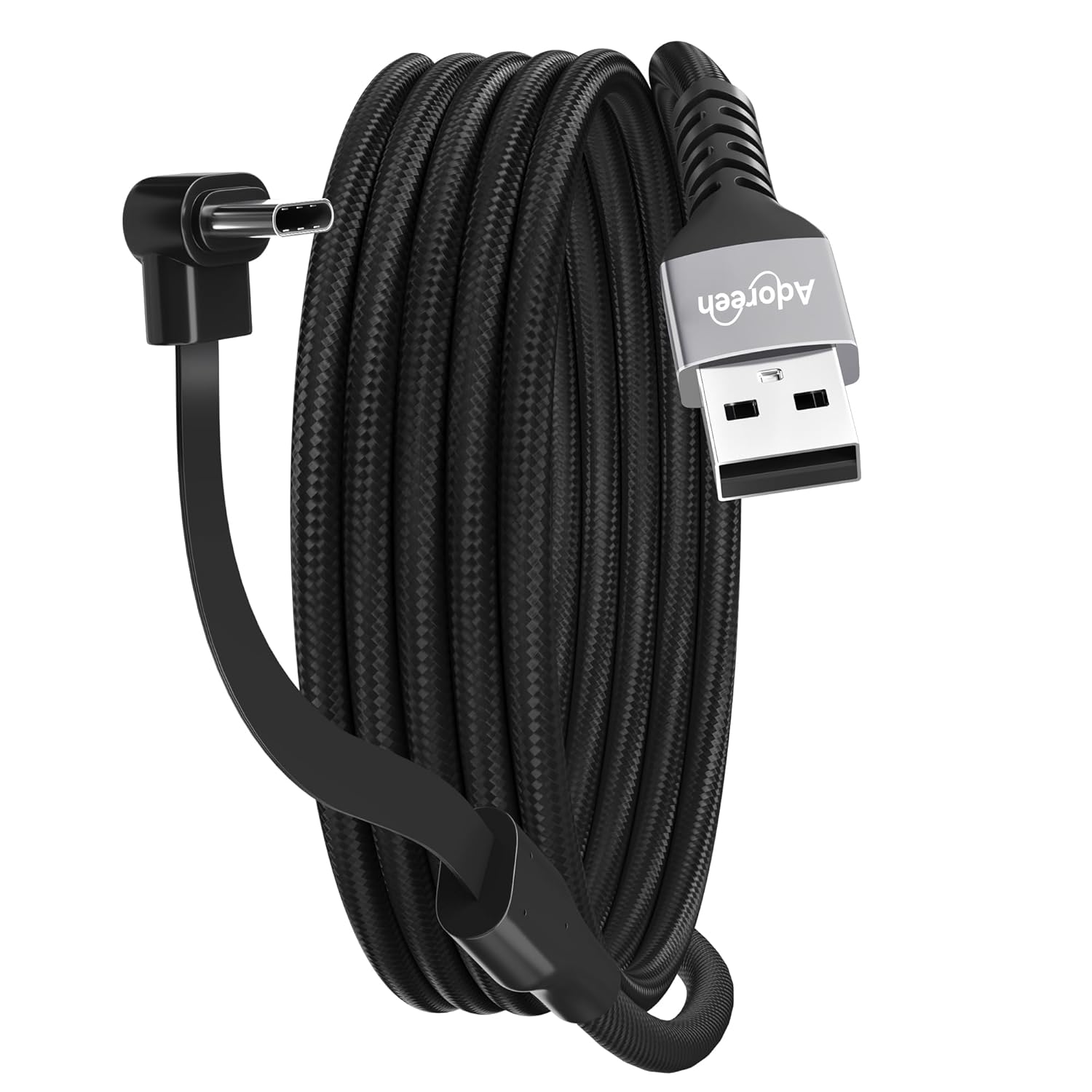 Adoreen USB A to C Cable 6.6 FT with Flat 90 Degree Right Angled C Port, 60W PD Fast Charging Cord, Slim Thin Braided, 480Mbps 20V/3A for Mobile Gaming, iPhone 17/16 Pro Max, Samsung, MacBook, iPad