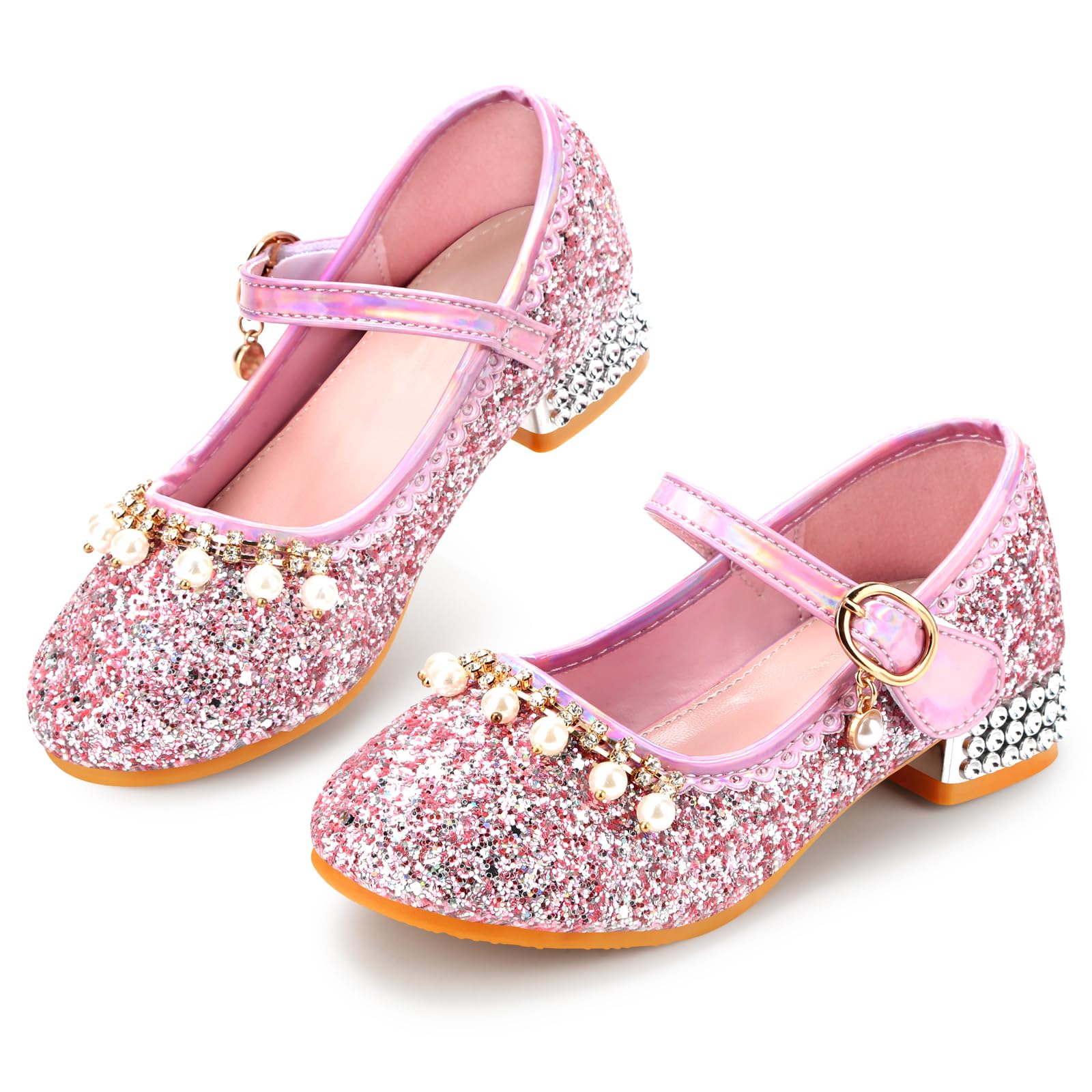 Qimaoo Girls Dress Shoes Mary Jane Princess Shoes Girls' Flats Glitter Low Heels Flower Wedding Party Footwear for Toddler Little/Big Kid