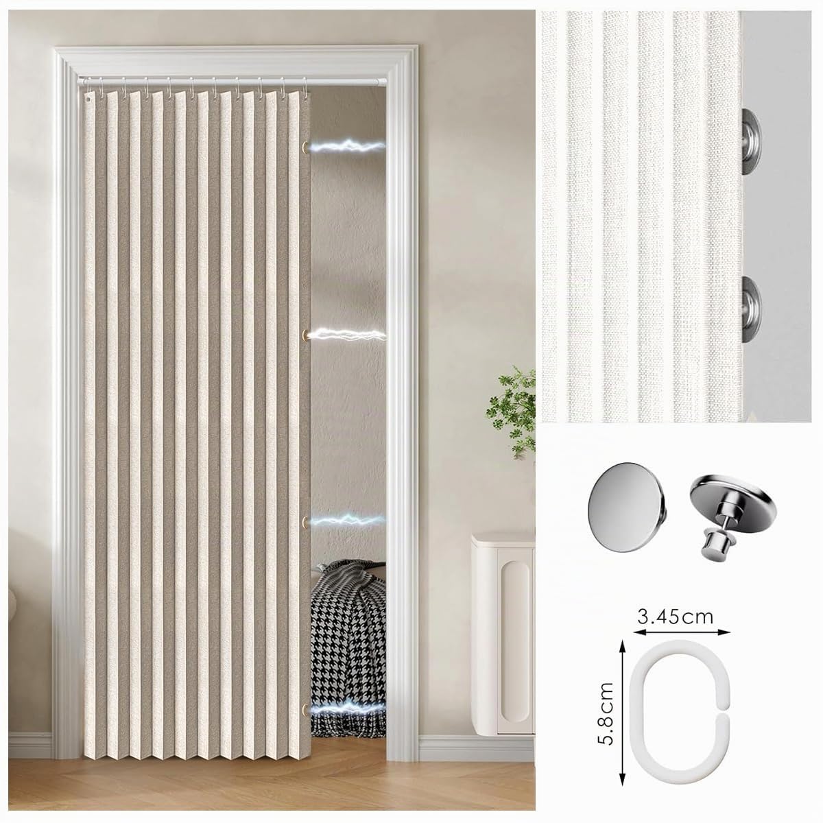 Cortina magnética Plegable con Ganchos, Ideal para cocinas, Interiores, Salones y dormitorios.-Beige- W180xH200cm