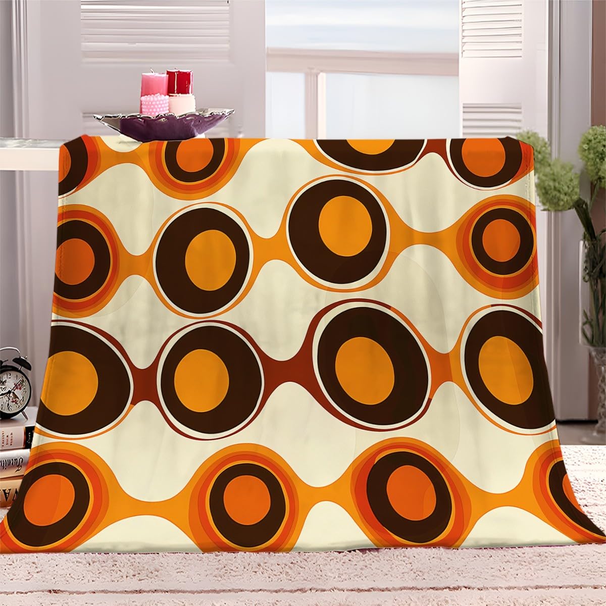 Couverture en flanelle retro orange 130x150 cm motif a bulles imprime 3D pour canape