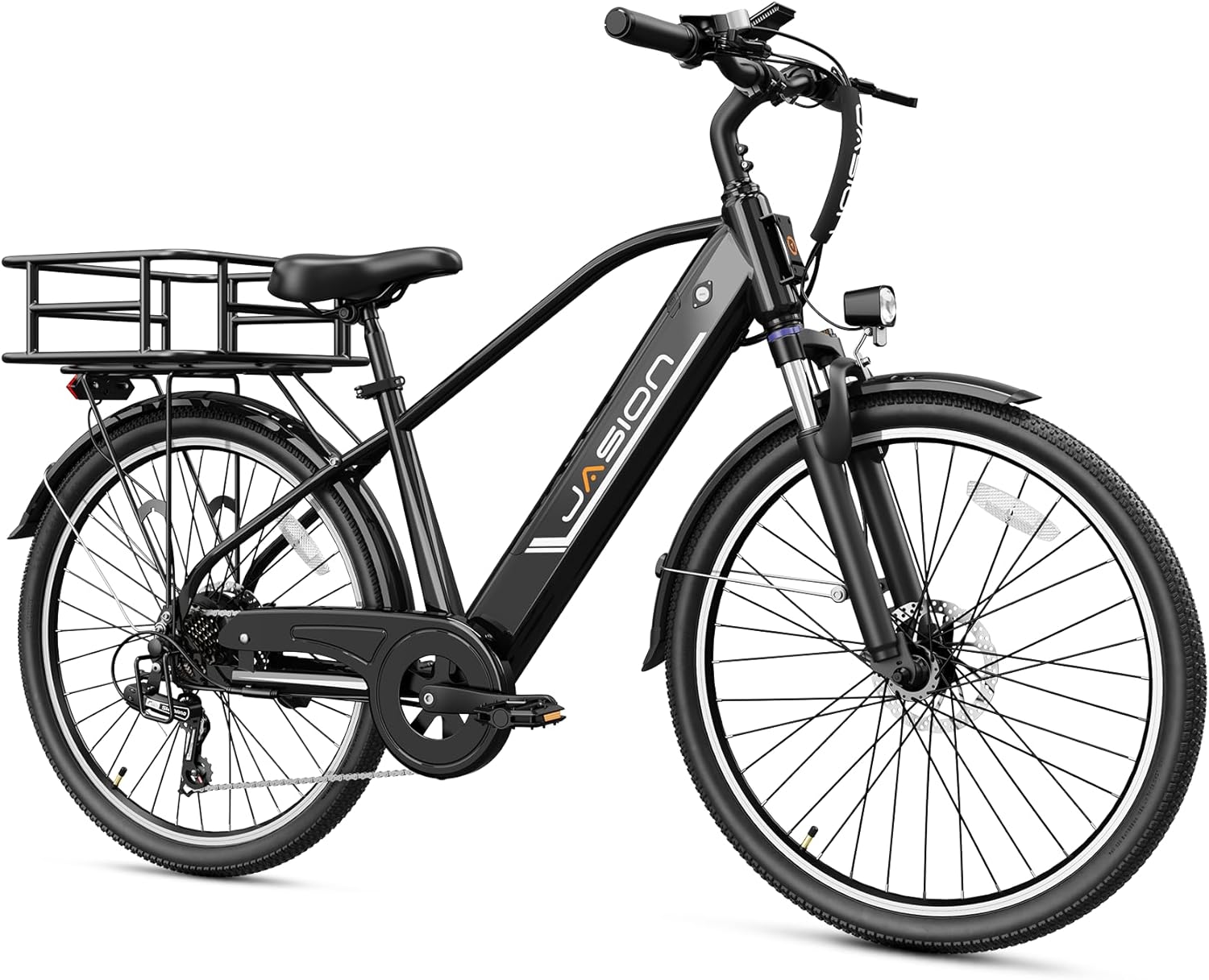 Jasion Roamer Electrical Bike for Adults,1200W Peak Motor,28 MPH Max Velocity,528WH Detachable Battery Ebike,Entrance Suspension and 7-Velocity Bicycle,26” Commuter E Bike,with Rear Basket,Blue