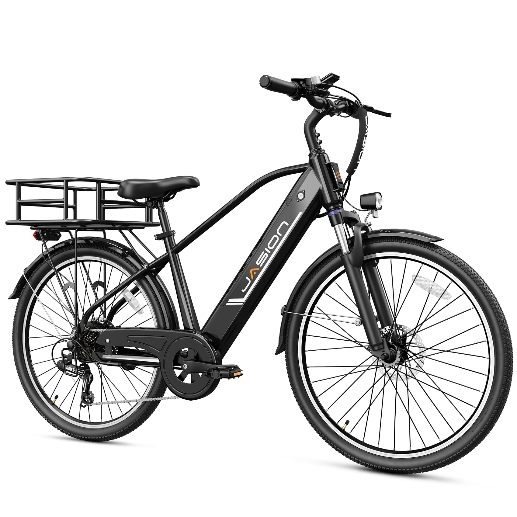 Jasion Roamer Electric Bike for Adults,1200W Peak Motor,28 MPH Max Speed,528WH Removable Battery Ebike, 26'' Commuter E Bike,Front Suspension and 7-Speed Bicycle,Black,with Rear Basket