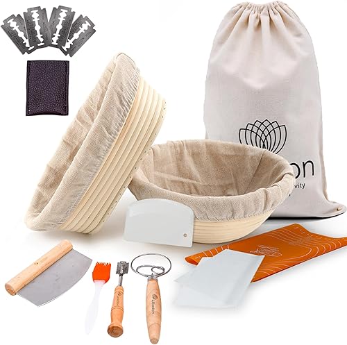 Liliadon Juego de 11 suministros para hornear pan de masa madre con 2 formas diferentes, ovaladas de 9 pulgadas y 9 pulgadas redondas, kit de cesta