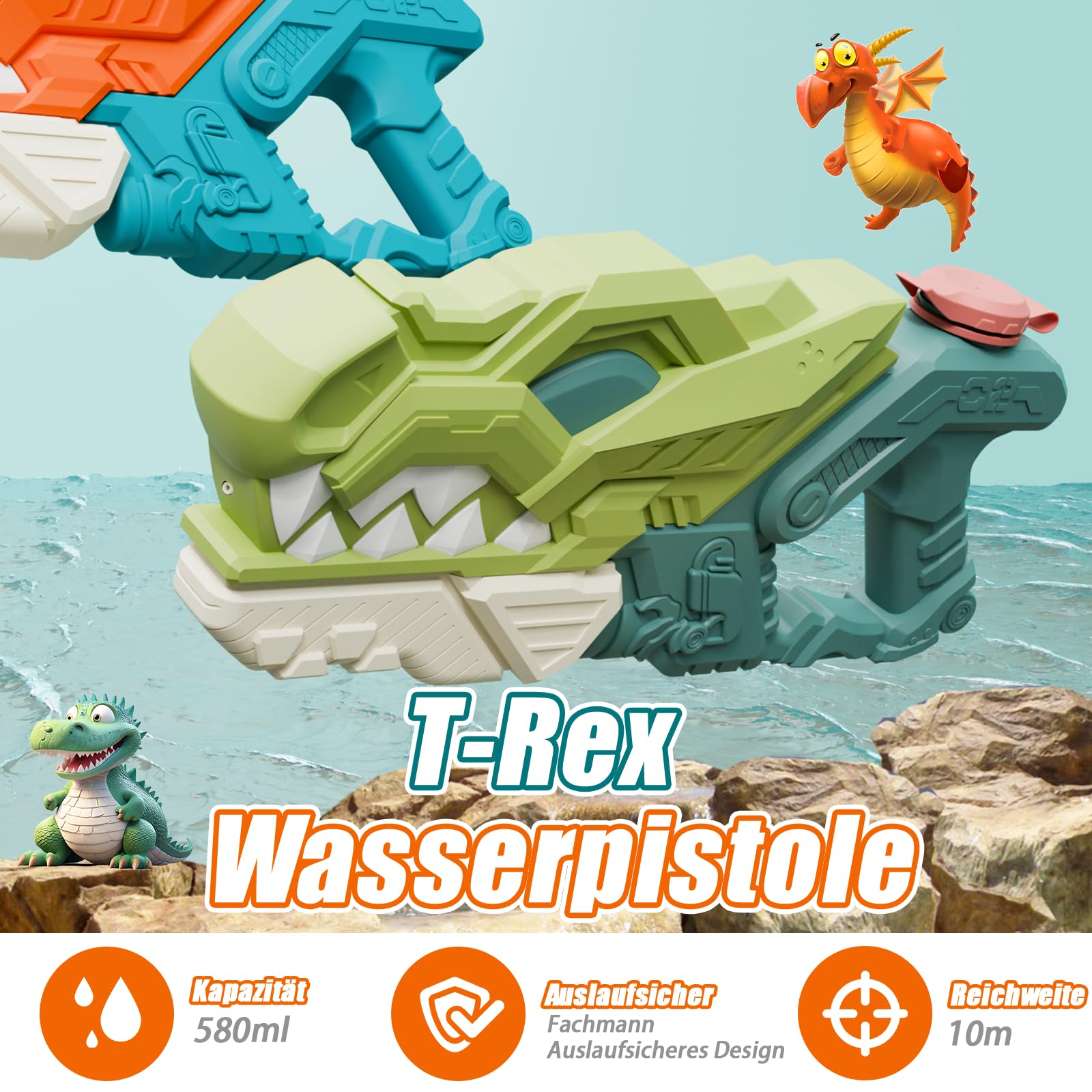 weirtoya 2 Stück Dinosaurier Wasserpistole Kinder&Erwachsene, 580ml Wasserspritzpistole 7-10m Powered Water Gun, Geeignet für Wasserpartys, Poolpartys und Wasserpistolenschlachten