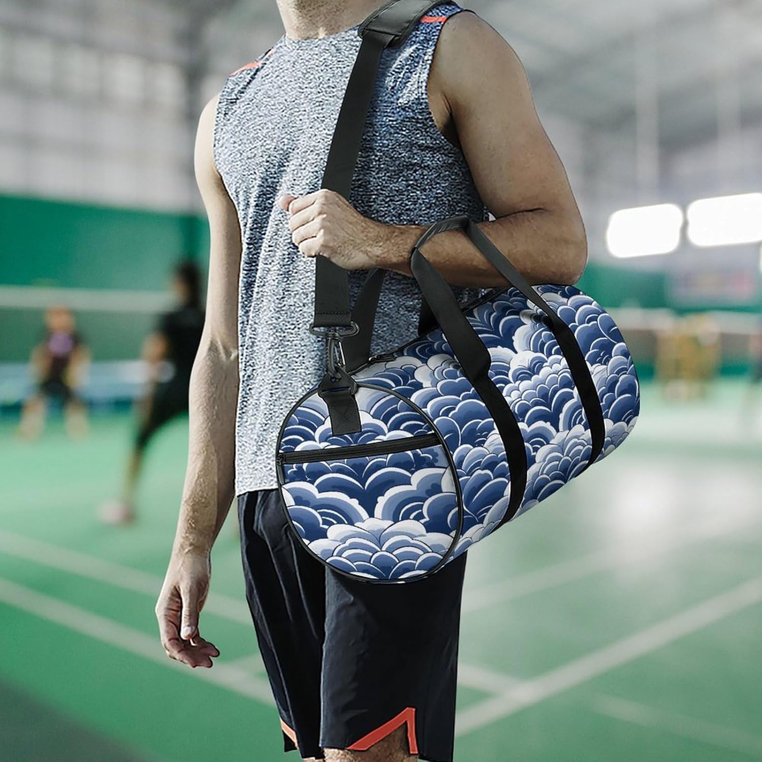 Aesthetic Sports Bag for Women Blue And White Printed Duffle Travel Bag for Men Women Mini Workout Bags Cylindrical Gym Bag