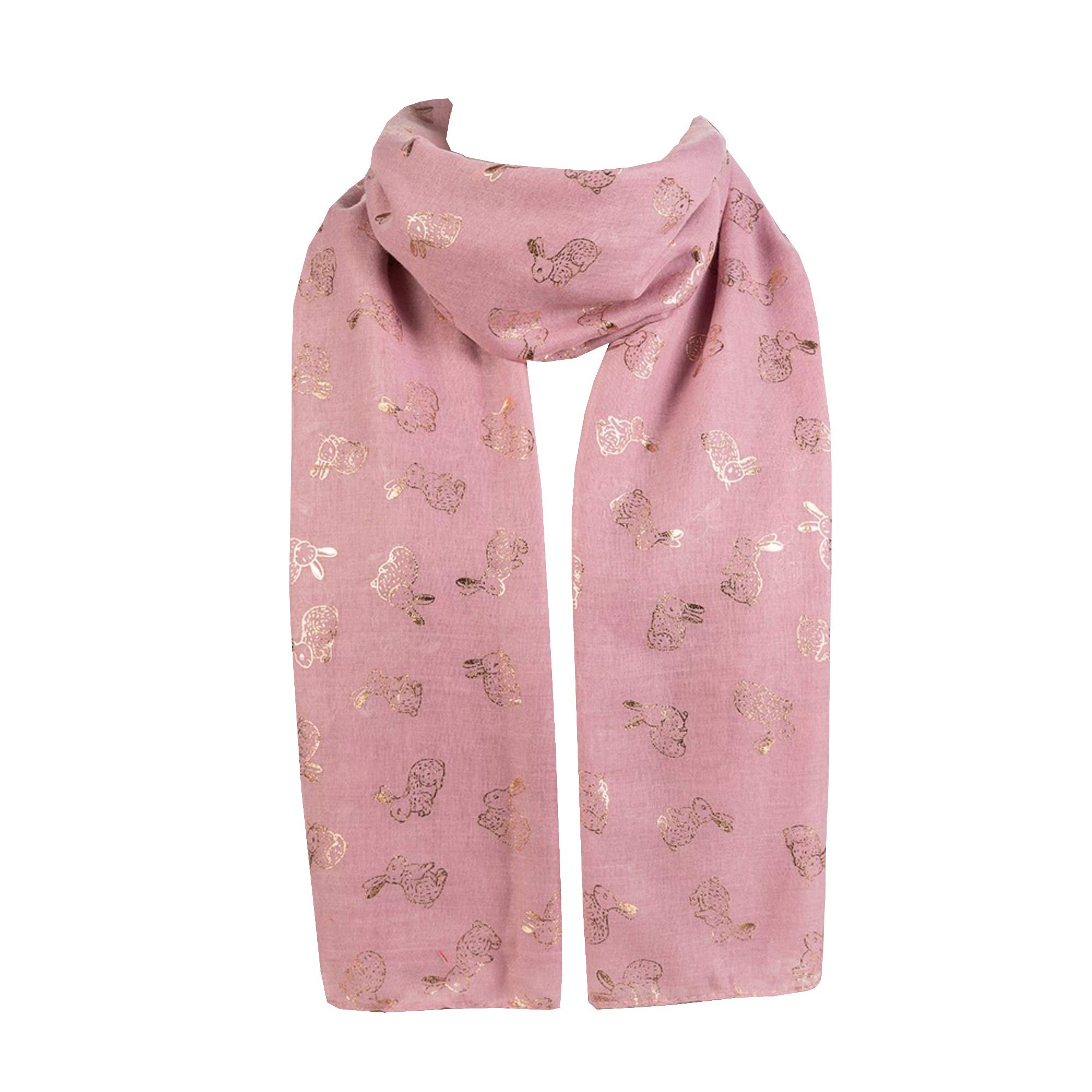 World Of Shawls Women's Gold Rabbit - Dusky Pink New Sparkling Bunny Rabbit Print Celebrity Style Scarves Maxi, Scarf, Wrap, Sarong, Shawls (Gold Rabbit - Dusky Pink)