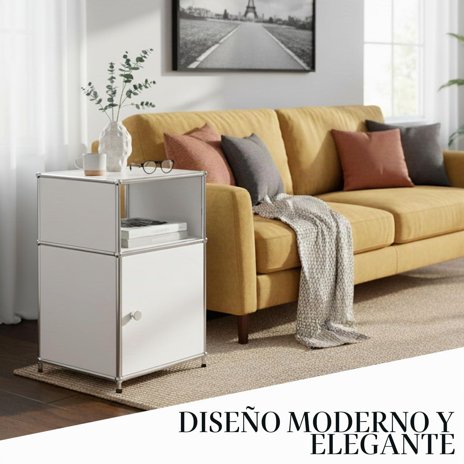 Floordirekt Concept Epure MK-040 - Estantería de metal, mesa auxiliar, color blanco, cromo, 65 x 40 cm, sistema modular de ranuras en diseño moderno, estantería de metal para salón, oficina, pasillo