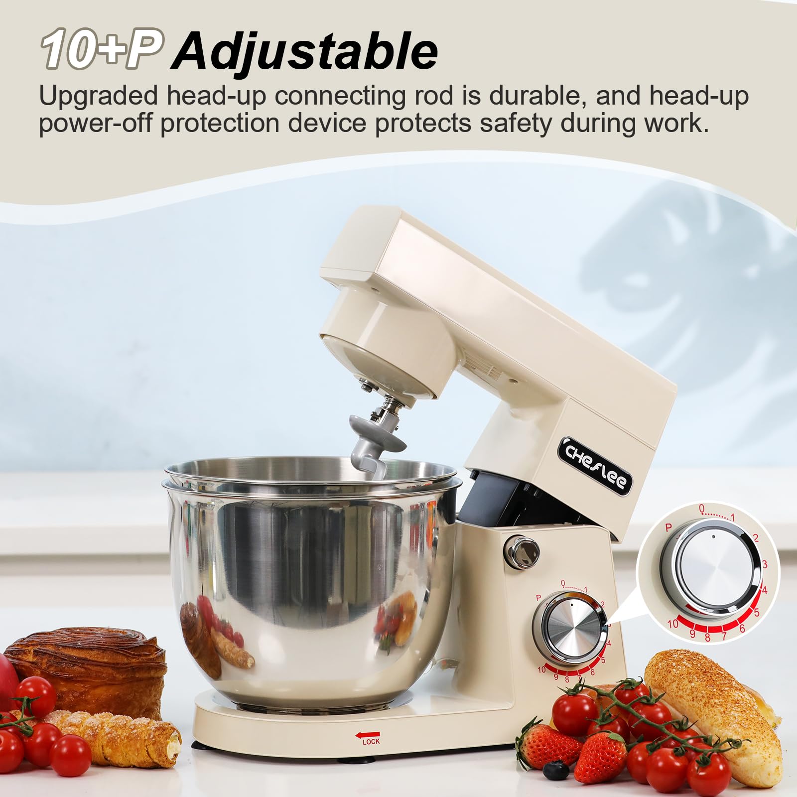 CHeflee Impastatrice Planetaria 1500W Robot da Cucina Multifunzione con 4,5 e 5,5 L Ciotola in Acciaio inox,10 velocità,con Gancio per Mescolare,Gancio per Impastare Impastatrice Professionale(Crema)
