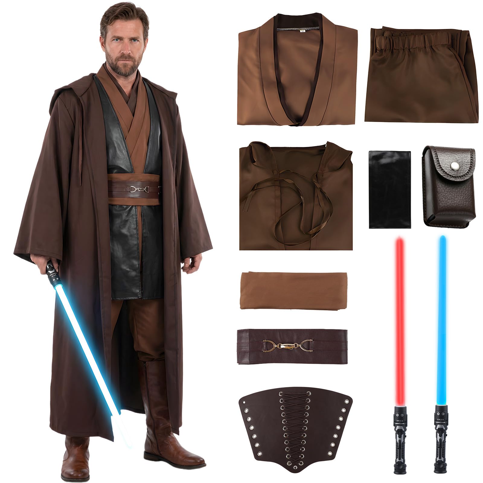 Aitsite Je-d Kostüm Erwachsene, Robe Erwachsene mit Blau Rot Lightsaber, Hoodies Robe Karneval Halloween Cosplay Kostüm für Erwachsene Jungen