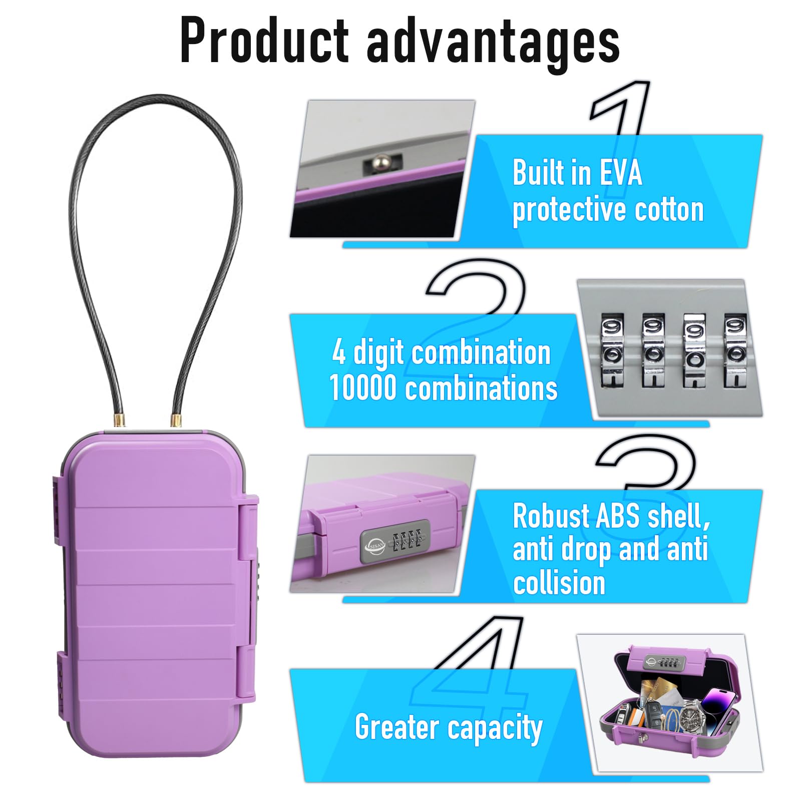 Tragbarer Safe Box, Kombinationssafe mit abnehmbarem Kabel, Stellen Sie Ihre eigene Kombination ein, für Reisen, Familie und Outdoor-Camping-Aktivitäten, Rosa