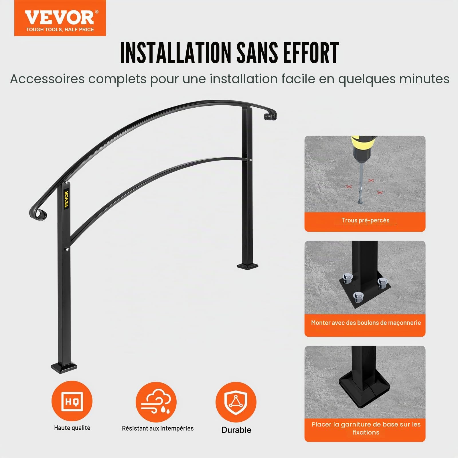 Happybuy Rampe d’escalier Main courante de Transition pour 3 marches noir
