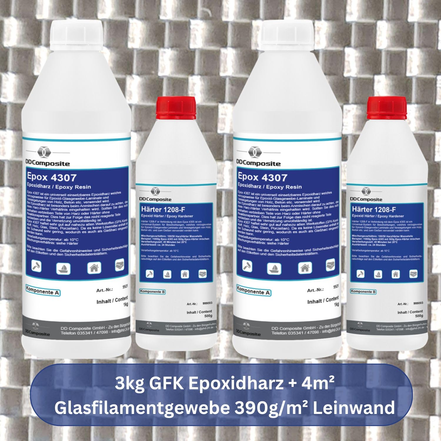 Epoxidharz 3kg plus 4m² Glasfilamentgewebe 390g/m² Leinwand leicht formbares Gewebe zum Laminieren und Reparieren gute Haftung hohe Klebkraft