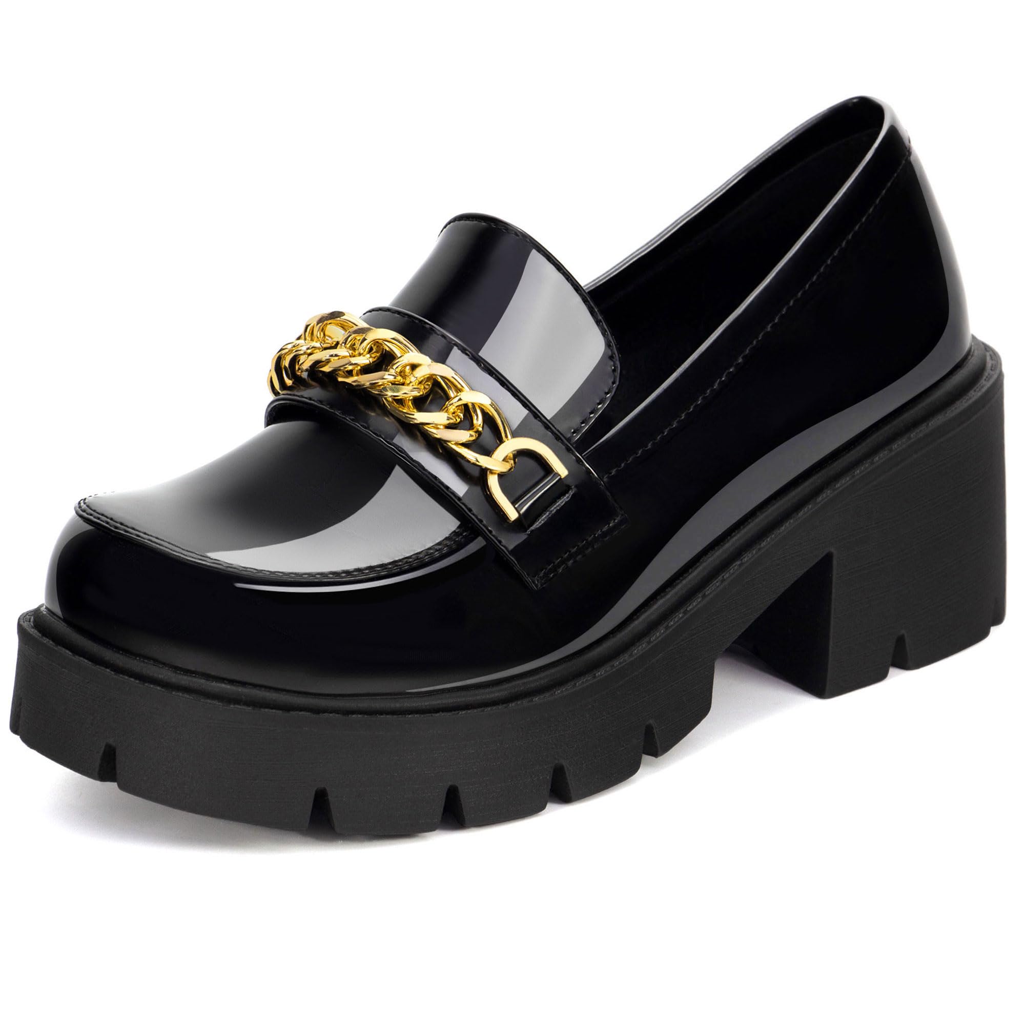 Numagin Platform Loafers for Women Shoes Patent Leather Chunky Loafers with Gold Chain