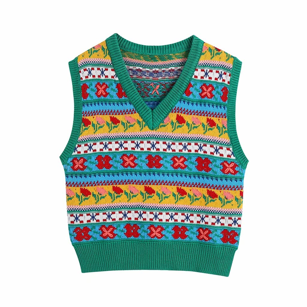 RWRAPS Chaleco Casual Todo Fósforo Floral de Punto Jacquard Chaleco Suéter Retro con Cuello en V Sin Mangas Chaleco de Mujer Top Elegante (Color: D, Tamaño: M Código) (Código DL)