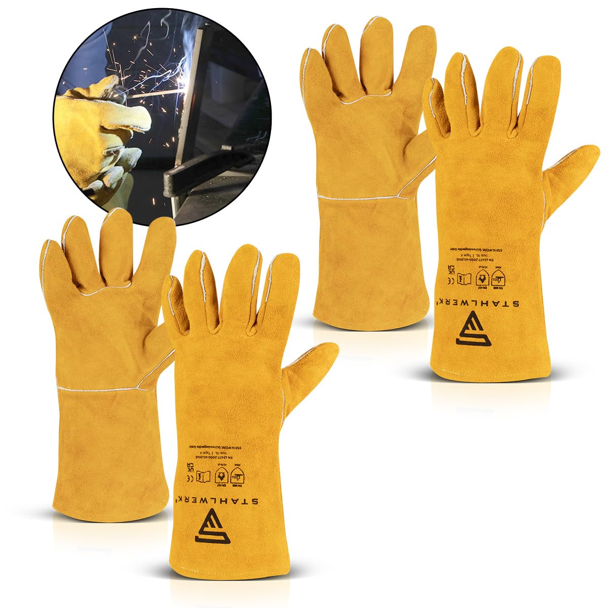 STAHLWERK Schweißerhandschuhe Echtleder 2 Paar – Hitze- & feuerbeständige Schweißhandschuhe für Schweißen & Plasma mit Unterarmschutz, hohe thermische & mechanische Belastbarkeit, Einheitsgröße (35cm)