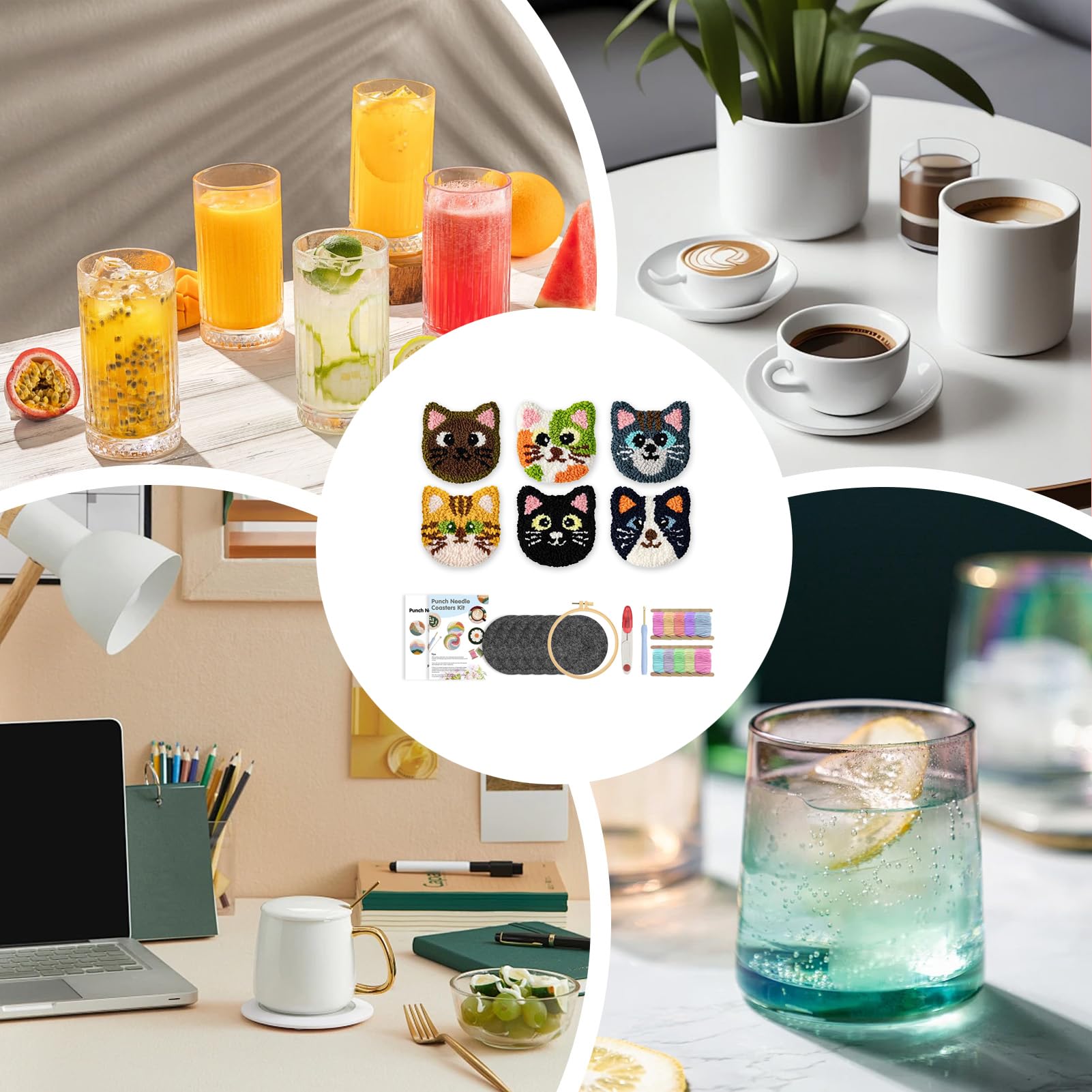 Sottobicchiere ad ago | Kit tufting per adulti con arte punch ad ago | Forniture artigianali ad anello in filo portatile per donne ragazze tappeto tuften officina