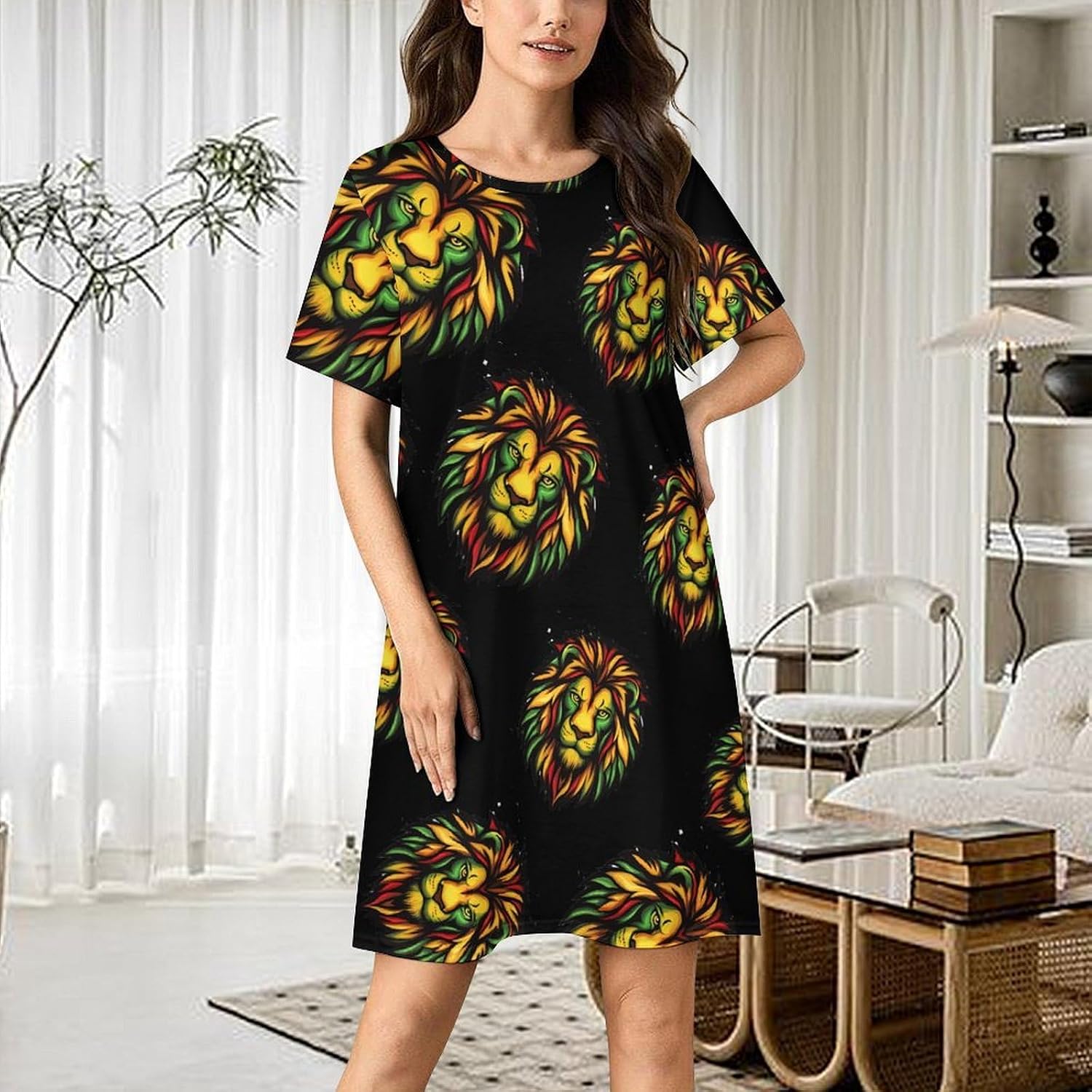 Rasta Jamaican Lion Face Womens Nightgown Short Sleeve Sleepshirts Loungewear