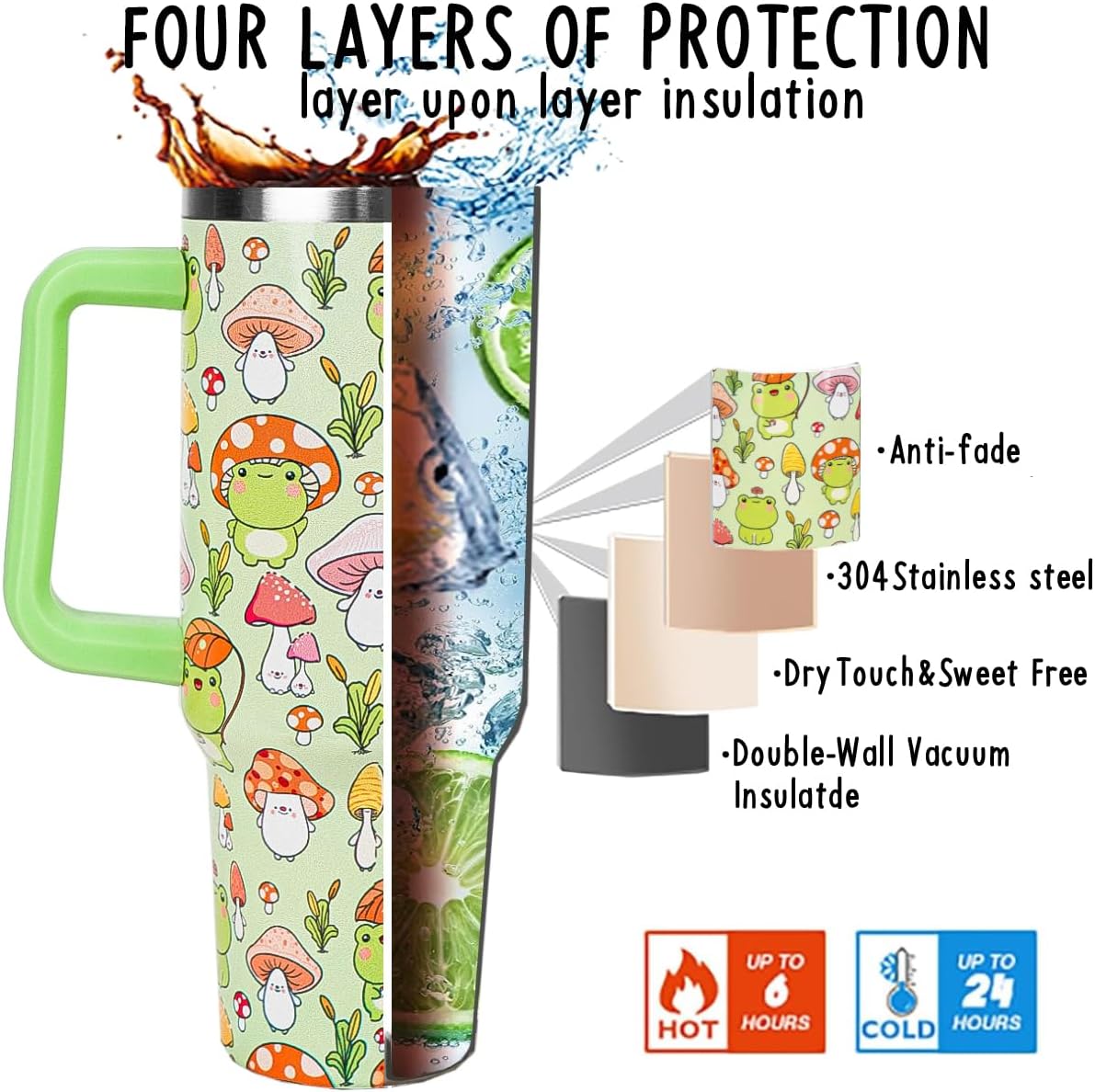 Frog Tumbler Cute Mushroom Tumbler 40 oz Kawaii Frog Gifts for Women Cute Cups Coffee Travel Mug with Handle Leak Proof Insulated Frogs Decor Stuff - Image 4