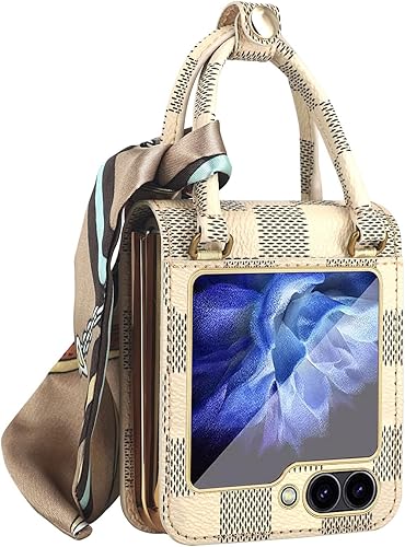 Funda de cuero prémium para Galaxy Z Flip 6 con agarre de mano y bufanda de seda con correa de muñeca para mujer, funda Z Flip6 con protector de