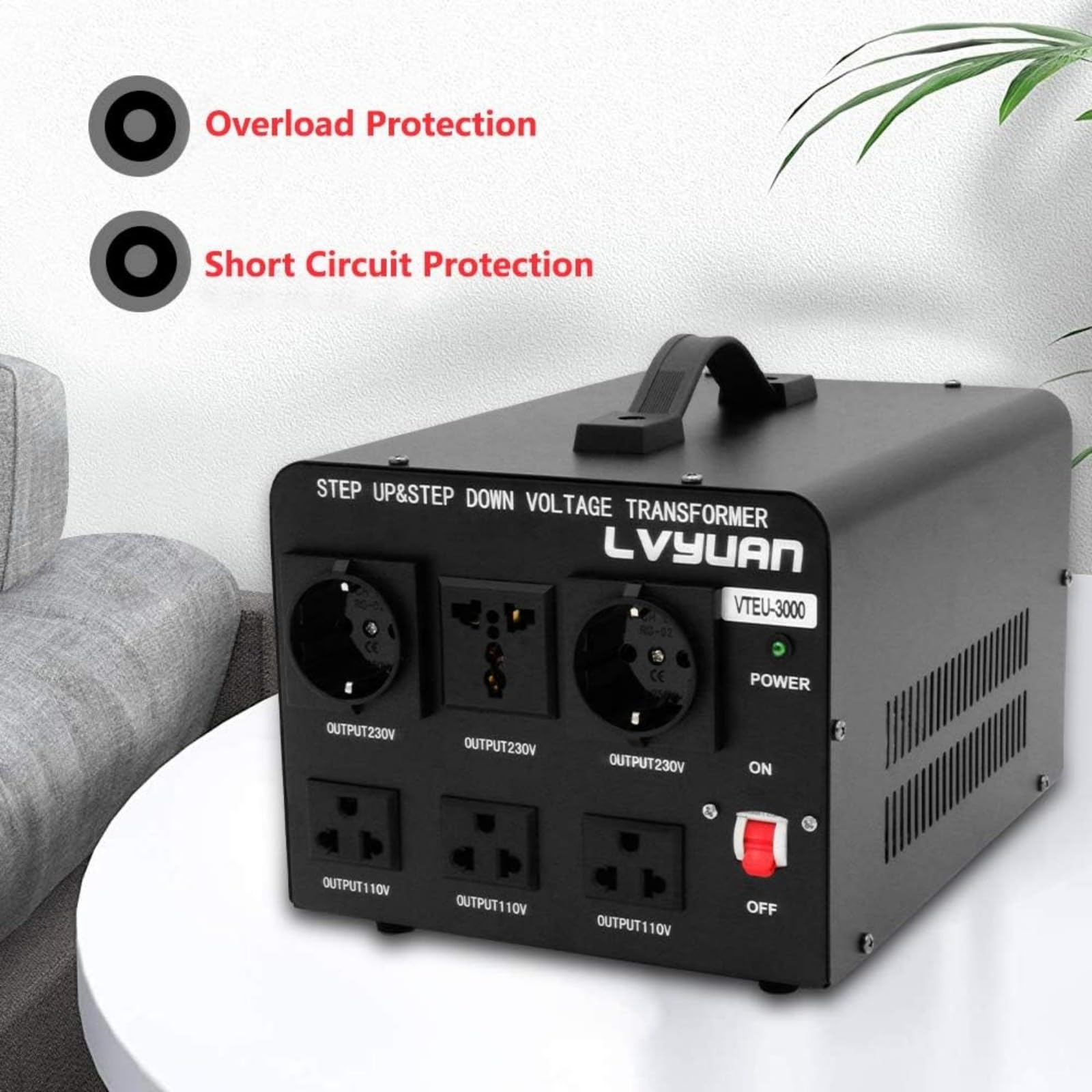 Cantonape 3 000 W Transformateur élévateur/réducteur de tension de 3000 W Convertisseur d'énergie de 220 V - 220 V/110 V, stabilisateur de tension automatique 3000 W