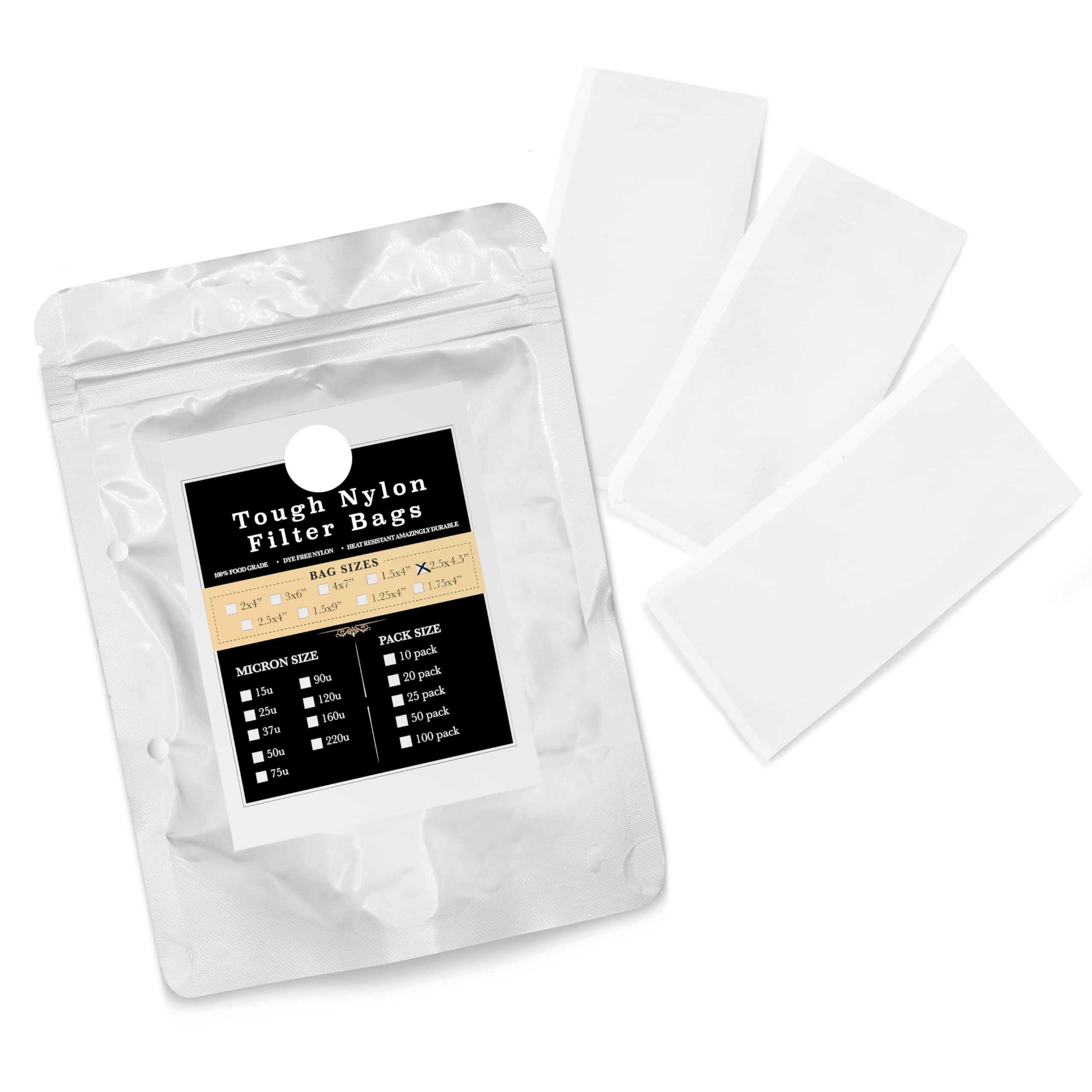 Gutenberg's tough 2.5x4.5 inch nylon micron filter bags 25-50 Packs | tea filter bags | All Micron Sizes (25-Pack, 90 Micron)