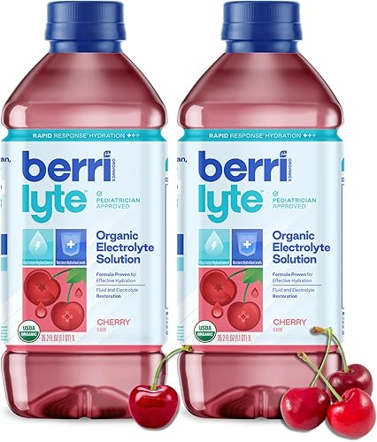 Berri Lyte Solución de electrolitos orgánicos a base de plantas - Bebida de rehidratación pediátrica - Sabor a cereza bajo en azúcar, 1 L, 2 unidades