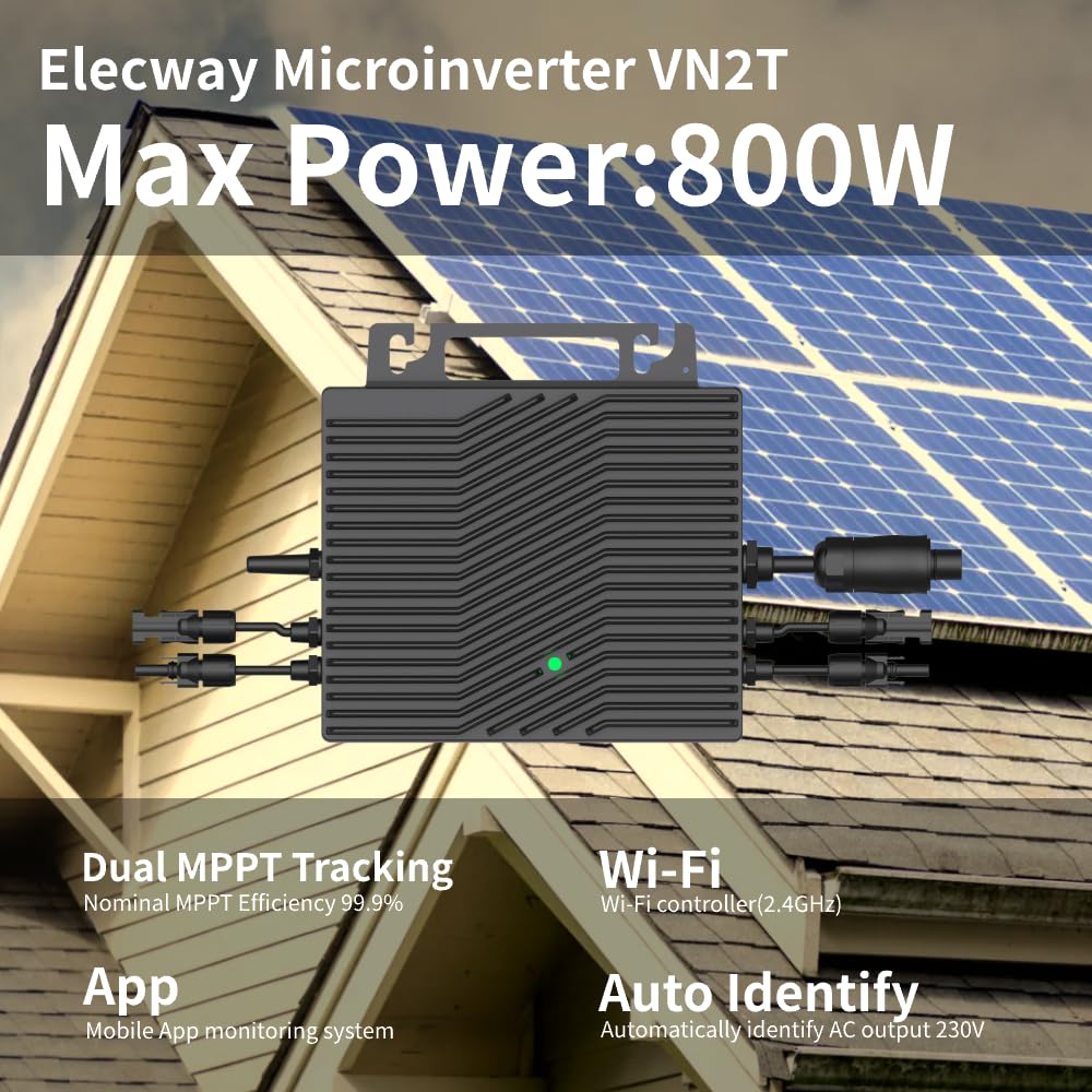 VN2T08 800W Microinversor Conectado a la Red, Doble MPPT 16–60V CC, Control de la aplicación Mediante Wi-Fi, certificación EN de Red, Plug & Play, IP67, Ideal para Sistemas solares de balcón
