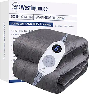 Westinghouse Electric Blanket Heated Throw, Super Cozy Soft Flannel 50" x 60" Heated Throw with 6 Fast Heating Levels & 2-10 Auto-Off, Machine Washable, ETL&FCC Certification, Home Office Use, Grey
