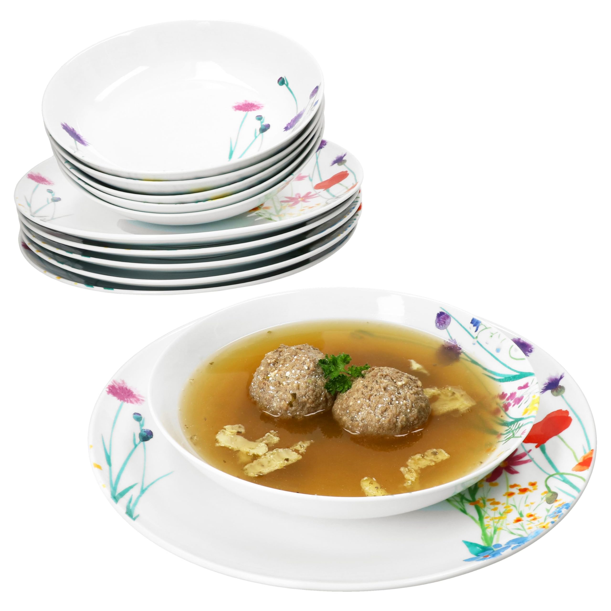 MamboCat Marie 12tlg Tafelservice I Porzellan-Geschirr mit Blumenwiese-Dekor für 6 Personen I 6X Suppenteller & 6X Speiseteller für Frühstück, Mittag & Abendbrot