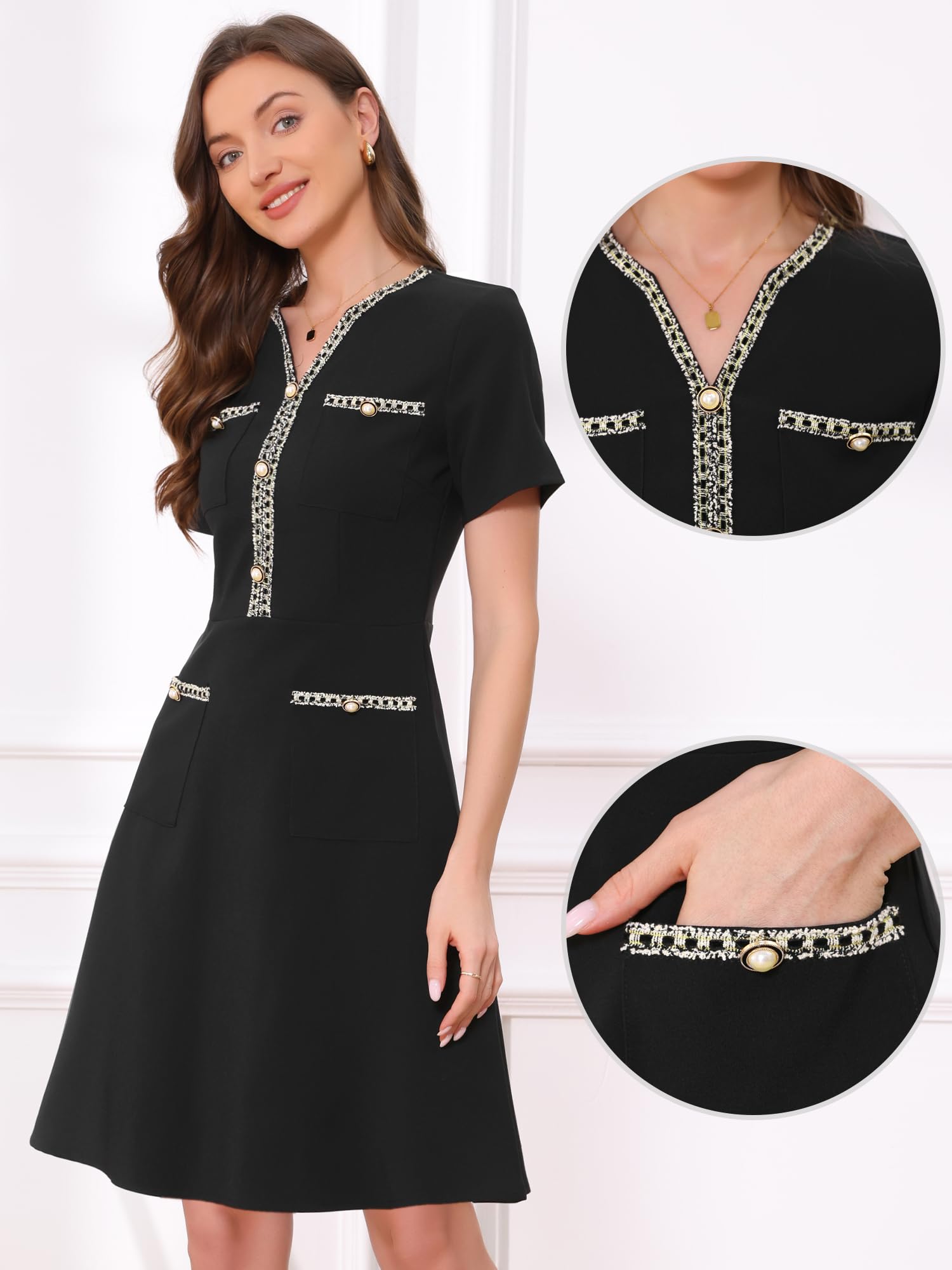 Allegra K Robe de Travail pour Femme Col en V Manches Courtes Bordure en Tweed Robe Trapèze de Bureau Élégante