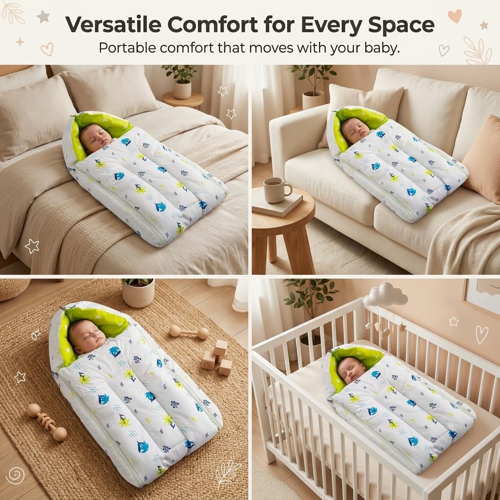 KRIDLO 3 in 1 Baby Sleeping Bag & Carry Nest for Newborn (Blue Daisy), Portable Hypoallergenic Cotton Bedding Set for 0-3 Months, Unisex Baby Bedding & Holding Set, Soft & Lightweight 3