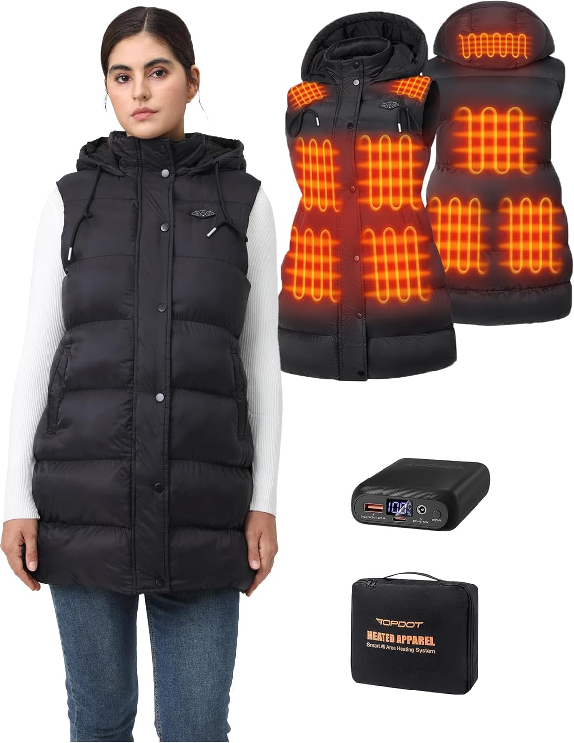Long Puffer Heated Vest for Women with 16000mAh Battery Pack, 10 Heating Zones Hooded Winter Women's Heated Vest Outwear