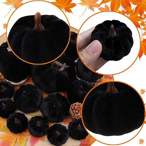 Miniatura 3 de Yatinkim Juego de 16 calabazas negras de terciopelo sintético de Halloween, calabaza de espuma falsa de Halloween, decoración de cocina de Acción de