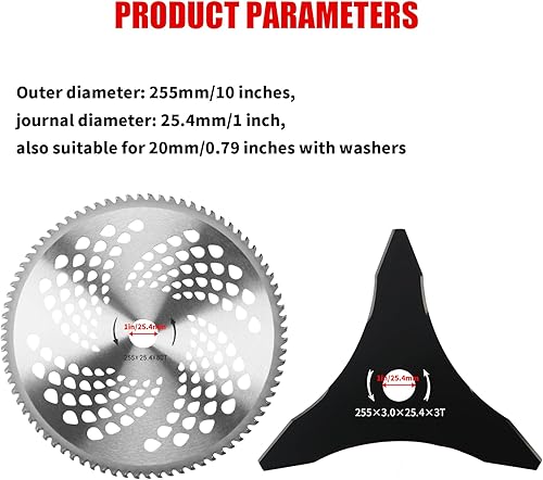 Miniatura 2 de Gashwer Cuchillas de acero al carbono de 10 pulgadas x 3 dientes, cuchillas para devorar malezas, punta de carburo de 10 pulgadas x 80T, compatible