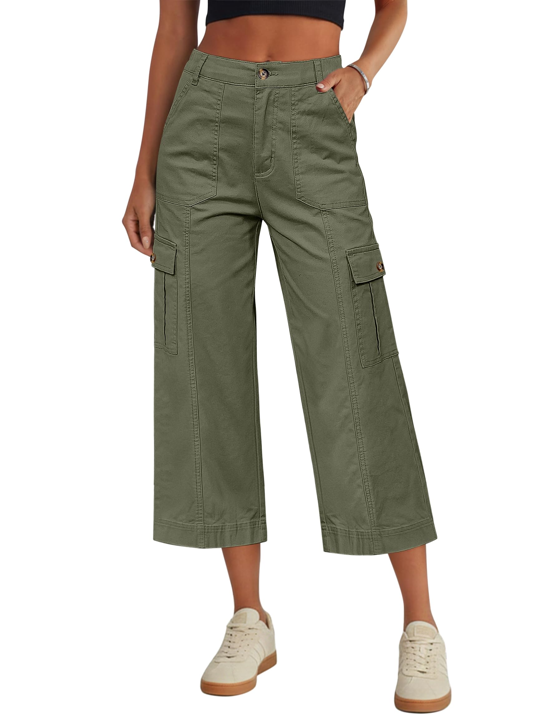 Eddoyee Cargo Capri Pants for Women High Waisted 6 Pockets Stretchy Straight Wide Leg Cropped Hiking Pants Loose Fit