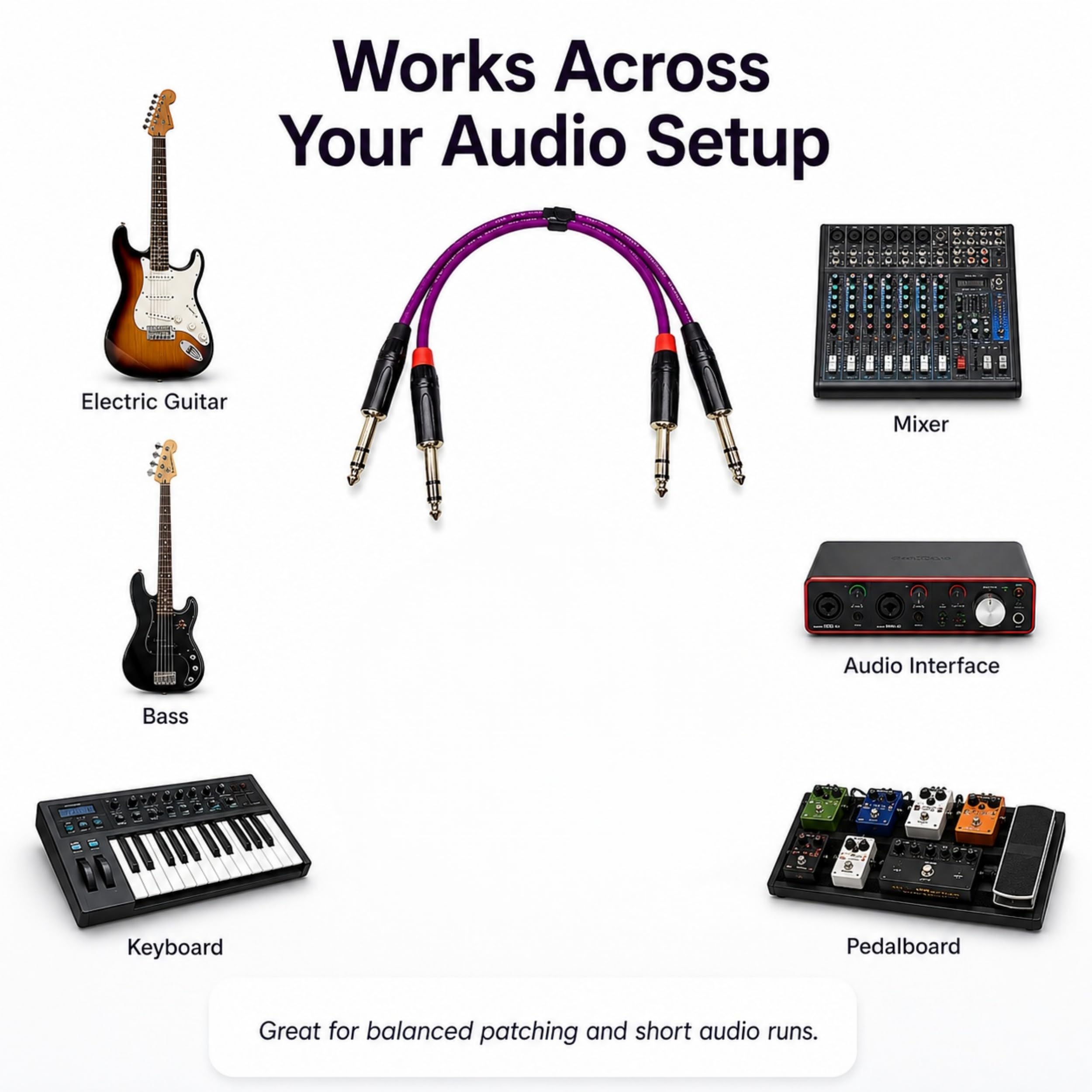 Audiokabel – 0,3 m langes Amperekabel für Bass, Tastatur, Studiomonitore, Mischpult, 1/4 Zoll TRS-Instrumentenkabel – 2 Stück