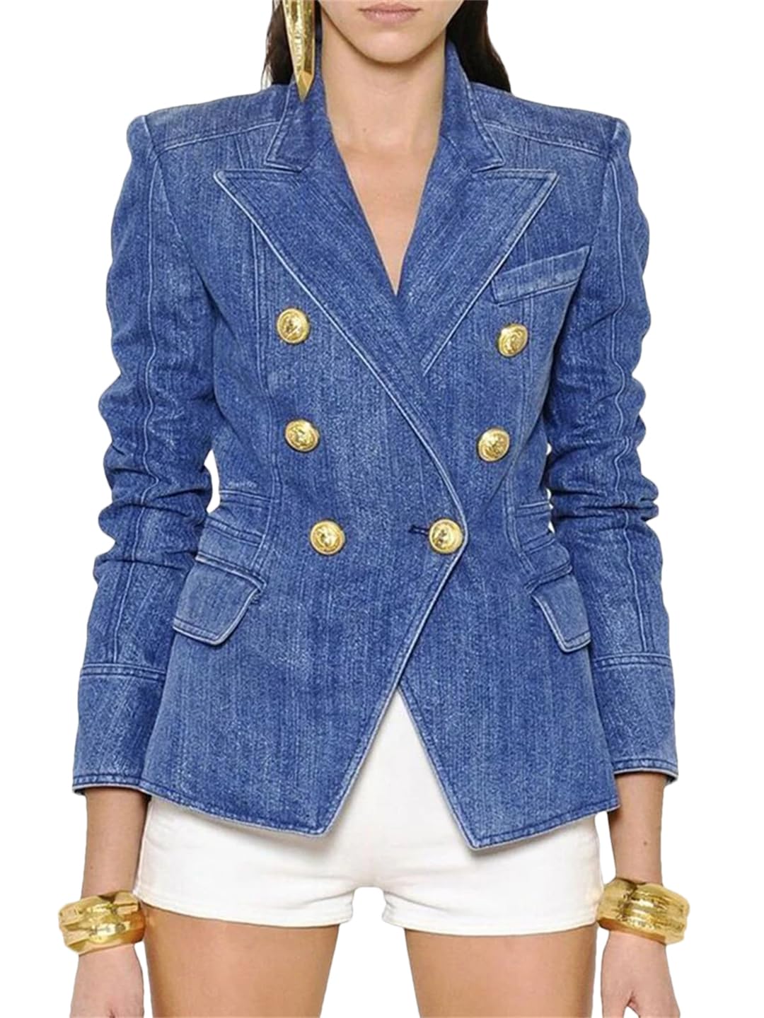 Womens Metal Lion Buttons Double Breasted Denim Blazer Outer Coat