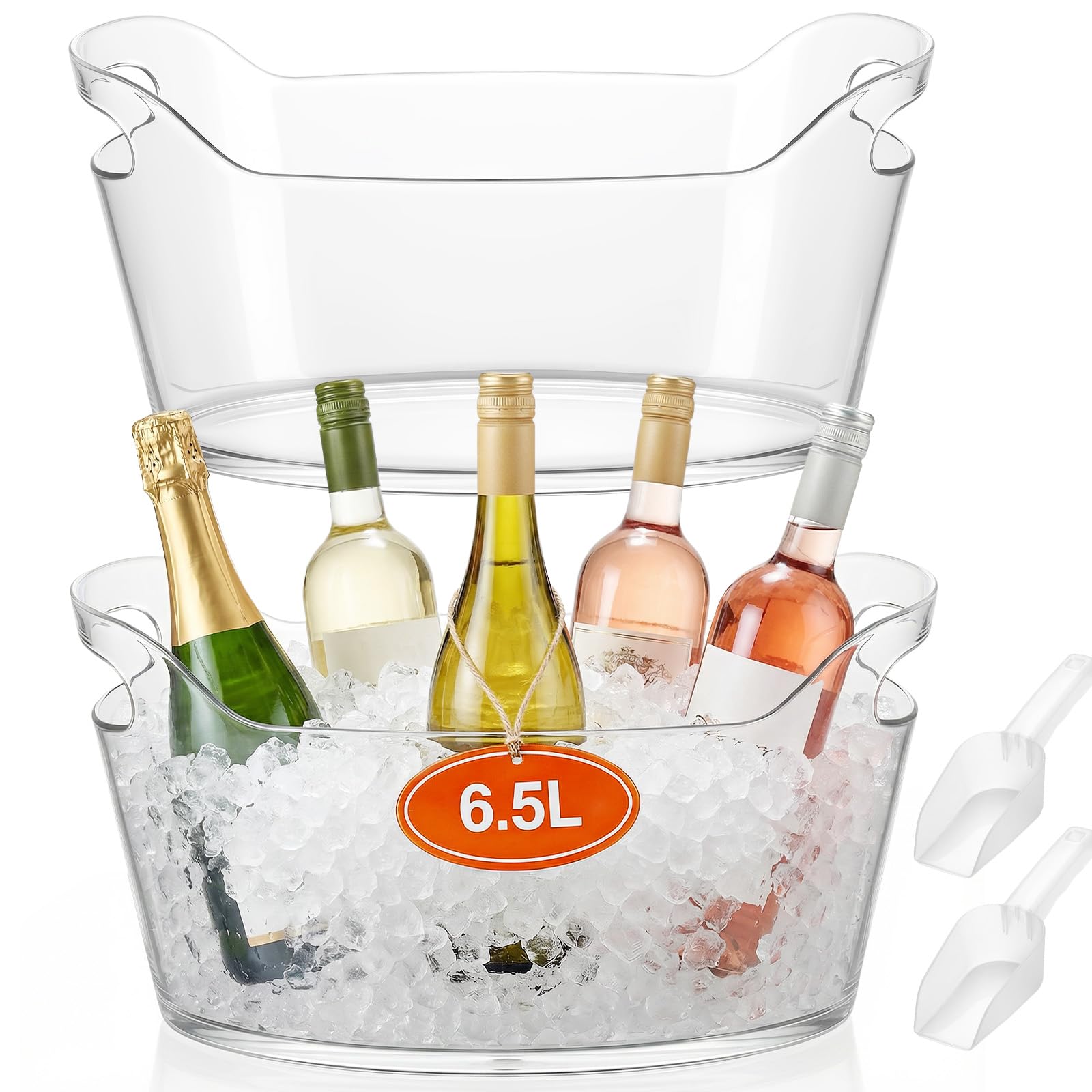 2 x 6,5 l Eiskübel für Partys, Kunststoff-Getränkewanne, transparenter Eiskübel mit 2 Schaufeln, Acryl-Eiskübel für kalte Bier, Limonaden, Champagner, Wein, großer Eiskübel für Cocktailbar, Hochzeiten