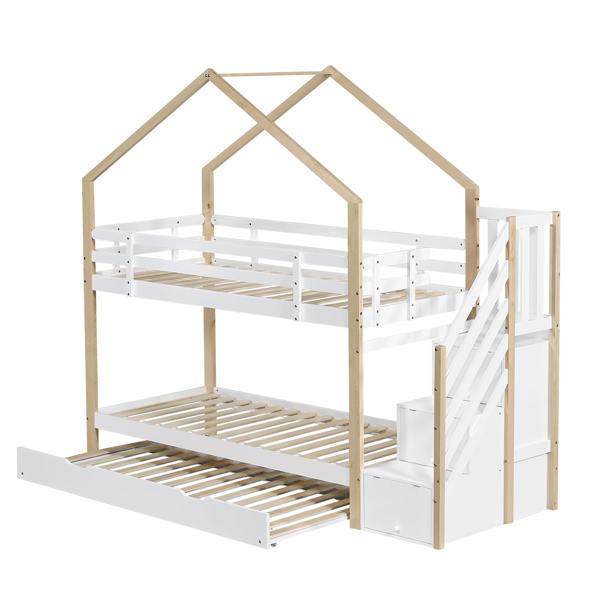 LAKFEW Litera de 90x200 con Cama Nido 90x190 cm, Cama Infantil con Escalera de Almacenaje y Protección Anticaída, Litera Infantil, Camas Infantiles de Madera para 3 Personas, Natur+Blanco, Sin Colchon